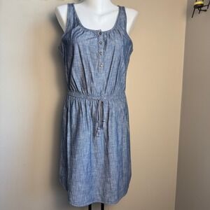 Gap Chambray Womens Swing Dress Blue Size Medium Tassel Drawstring Waist Cottage